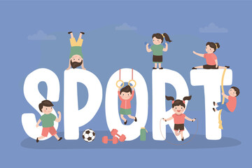 School sport kids, horizontal banner. Set of school children characters and giant text - SPORT. Classmates on sport lesson. Multiethnic children.