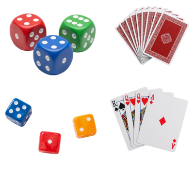 a set of playing cards and dice on a transparent background