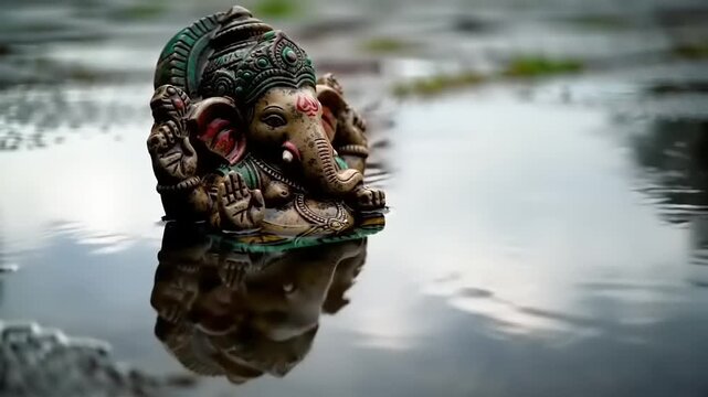 Ganesha statue in water reflection.