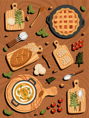 Thanksgiving food vector illustration featuring pie, soup, bread, spices, tomatoes, and kitchen tools in a warm festive style.