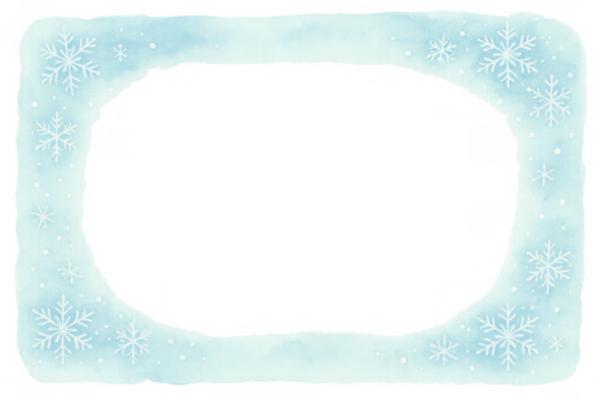 Watercolor snow frame with snowflakes. Cold winter background border with ice texture for christmas design, transparent