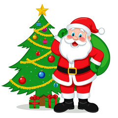 Fototapeta premium Cheerful santa claus with christmas tree and gifts ready for holiday celebrations