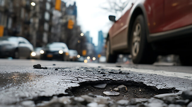 Street showing a pothole in the pavement, with cars in the background, in a cityscape. The road damage contrasts with the city life, depicting infrastructure challenges. - Powered by Adobe