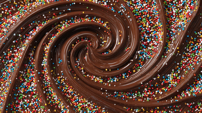 An inviting swirl of rich, dark chocolate with colorful sprinkles, creating a visual feast
