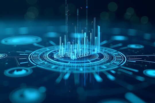 Floating data holograms over digital stock exchange floor.