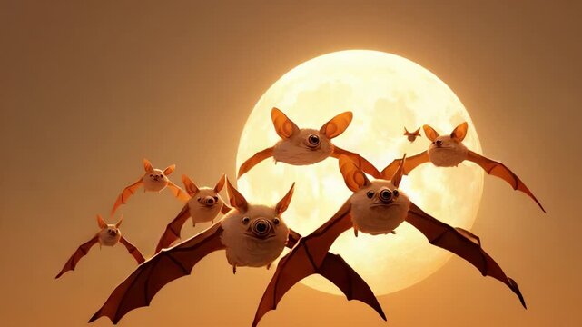 A whimsical flock of fantastical creatures takes flight against a glowing full moon, showcasing colorful wings and wide-eyed expressions in a magical twilight sky.