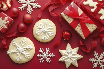 Obraz premium Festive holiday cookies and decorations on red background with snowflake design