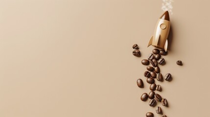 Creative coffee concept: rocket launch with coffee bean trail on beige background