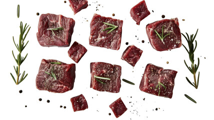 Raw beef cubes with rosemary on transparent background