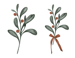 Set of illustration of a Christmas branches with red berries and bow isolated on white is a popular element in botanical art and floral design, often used for New year design