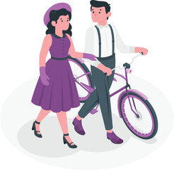 Couple in vintage attire walking with a bicycle woman retro