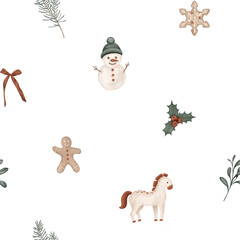 Christmas seamless pattern with symbol new year 2026, horses, pine branches, for tree. Repeat ornament with illustration holly and red berries and sweet cookie gingerbread and snowman.
