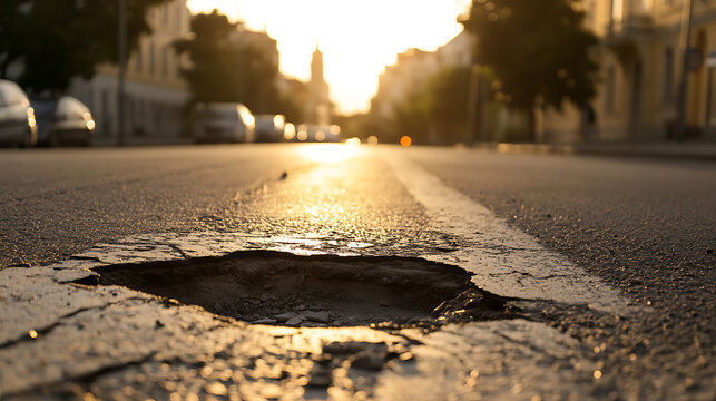 Close-up of a pothole in an asphalt road at sunset, with blurred cars and buildings in the background, casting a golden glow on the street and creating a contrast.