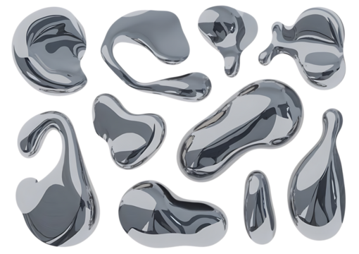 Collection of amorphous metallic liquid blobs, with reflective surfaces, cutout, PNG isolated on white or transparent background 1