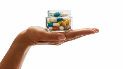A hand gently holds a small glass jar filled with colorful capsules and pills, isolated against a clean white background