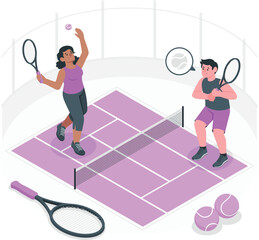 Couple playing tennis on court with rackets and balls sport game