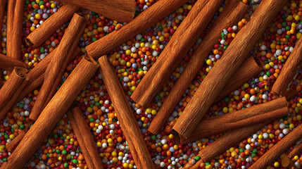 Aromatic cinnamon sticks artfully arranged with vibrant sprinkles. The scene is a feast for the eyes and a promise of delightful flavors