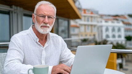A senior enjoys coffee and a laptop by the sea, showcasing productivity and active aging
