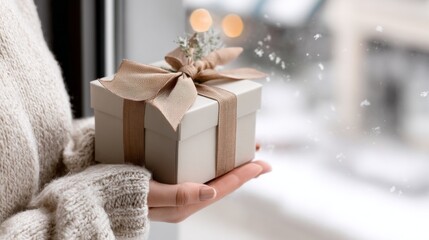 A graceful hand presents a modern gift box tied with a ribbon, reflecting the festive spirit of Christmas