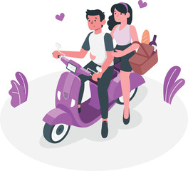 Couple Riding Scooter with Picnic Basket illustration romantic