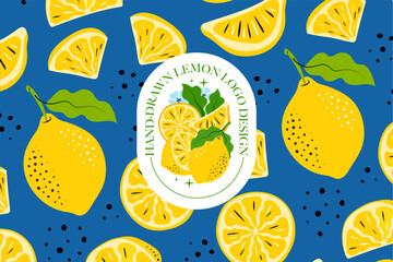 Lemon Fruit Pattern Background with Logo. Seamless Citrus Vector Illustration