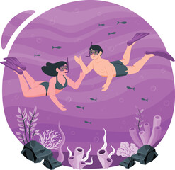 Couple snorkeling underwater with fish and coral in purple hues diving