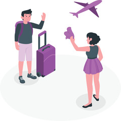 Couple waving goodbye with luggage and airplane in the sky travel vacation