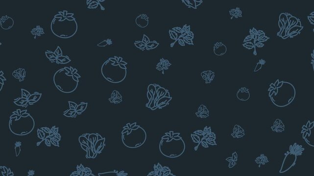 Seamless Looping Animated Outline Vegetables and Fruits Pattern Background for Healthy Eating.