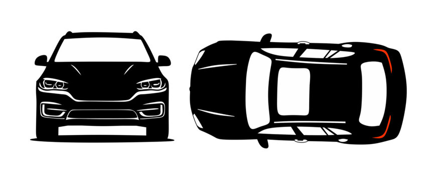 car front view and top view vector silhouette icon sets 