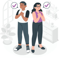 Couple with folded hands and checkmarks above heads woman praying