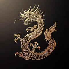 Elegant golden dragon illustration with intricate details against a dark background