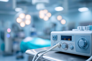 Modern neurosurgery equipment in operating room defocused, faceless surgical technology, medical devices visualization, blurred OR background, advanced equipment detail, surgical i