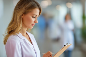 Female doctor with clipboard talking to patient defocused hospital, faceless medical consultation, healthcare visualization detail, blurred clinical background, patient communicati