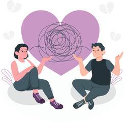 Couple with tangled thoughts and broken heart symbols relationship stress