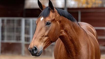 Fototapeta premium beautiful brown horse with a shiny coat poses in a barn. warm light of late afternoon highlights its features and elegant stance, creating a calm atmosphere
