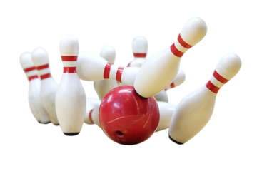 Red bowling ball, striking white pins with red stripes in motion, cutout, PNG isolated on white or transparent background 1