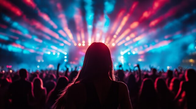 Silhouette of a girl at a concert with bright lights and a crowd behind her.
Ideal for music album covers, concert advertisements, articles about music festivals and cultural events.