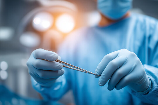 Surgeon hands using equipment in OR defocused background, faceless surgical procedure, operating room visualization, blurred medical setting, surgical intervention detail, hospital