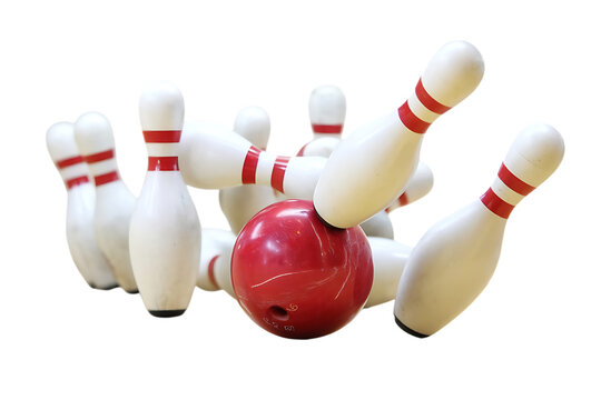 Red bowling ball, striking white pins with red stripes in motion, cutout, PNG isolated on white or transparent background 1