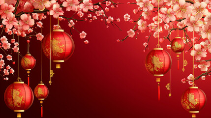 Red lanterns hanging among cherry blossom branches on a vibrant red background