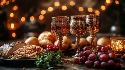 A festive table with glasses, fruit and treats in a warm atmosphere of lights.
Design of New Year's holiday advertisements, culinary blogs, articles about family traditions  