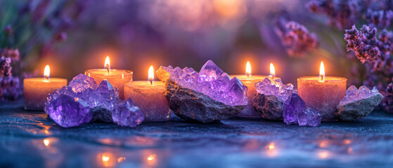 Purple crystals and burning candles against a backdrop of lavender create a mystical and relaxing atmosphere. Suitable for topics such as meditation, aromatherapy, spiritual practices,  