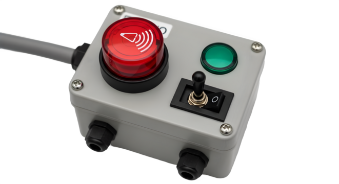 Industrial electrical control box with red alert button and toggle switch isolated on white background.