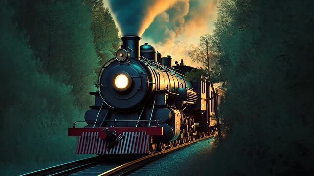 A vintage steam locomotive travels through a dense forest. The train emits steam and smoke, surrounded by tall trees and a misty atmosphere.