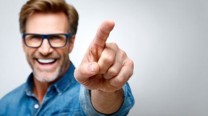 man with a beard and glasses expresses happiness while playfully pointing his finger. He wears a denim shirt and has a warm smile, creating a cheerful atmosphere