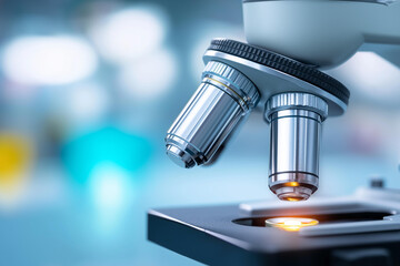Obraz premium Optical microscope in laboratory with defocused background, faceless research equipment, medical technology visualization, blurred lab setting, scientific instrument detail, educat