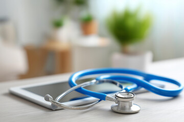 Blue stethoscope and tablet on white surface closeup, faceless medical equipment, healthcare technology visualization, defocused background blur, clinical devices detail, medical t