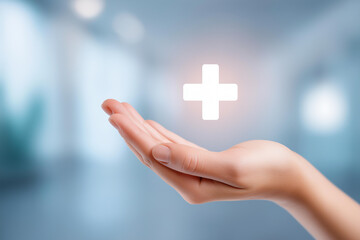 Obraz premium Hand holding plus icon with defocused medical background, faceless healthcare symbol, insurance visualization detail, blurred clinical setting, health access concept, medical care