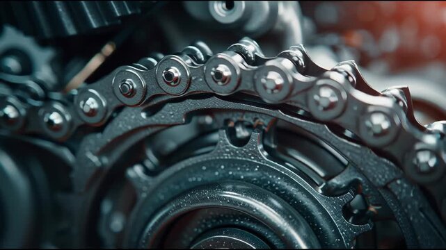 Mechanical Marvel: A close-up view of interlocking gears and a sturdy chain, showcasing the intricate precision and robust design of mechanical components, hinting at the powerful systems at play.