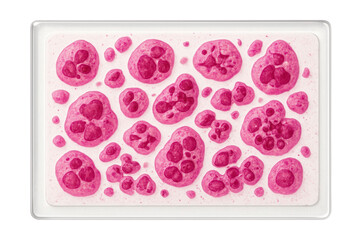 Histological slide showcasing apoptotic cells with pink-stained cytoplasm.